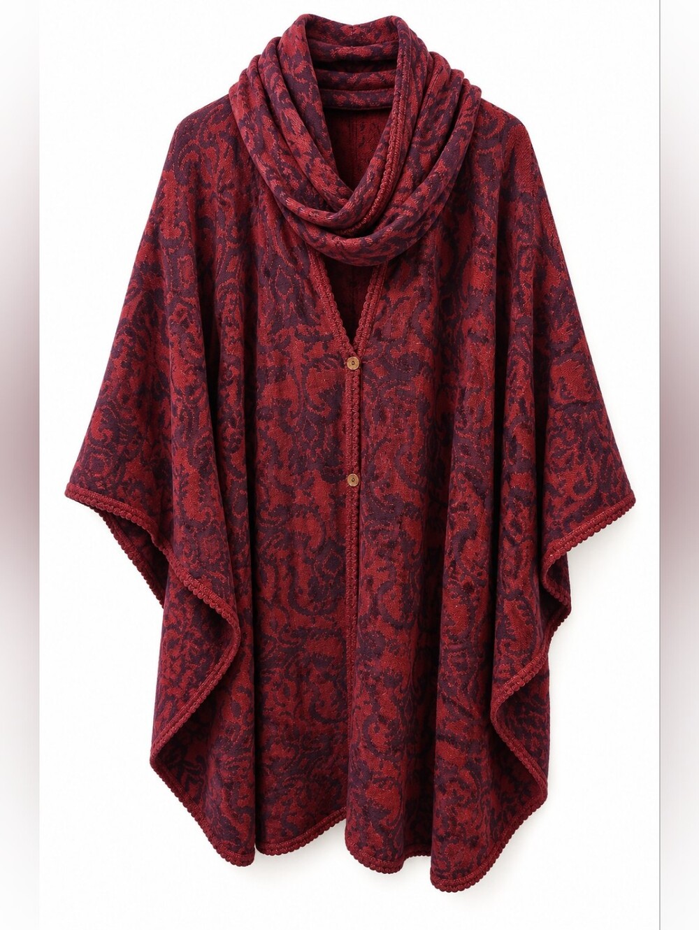 NOVICA Alpaca Wool Blend Reversible Poncho Wine Maroon Scroll Scarf Wrap OS
